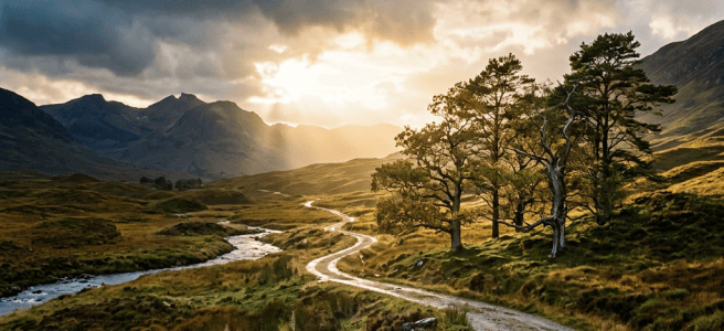 Winding trail through highlands with stream, trees, mountains, and sunset